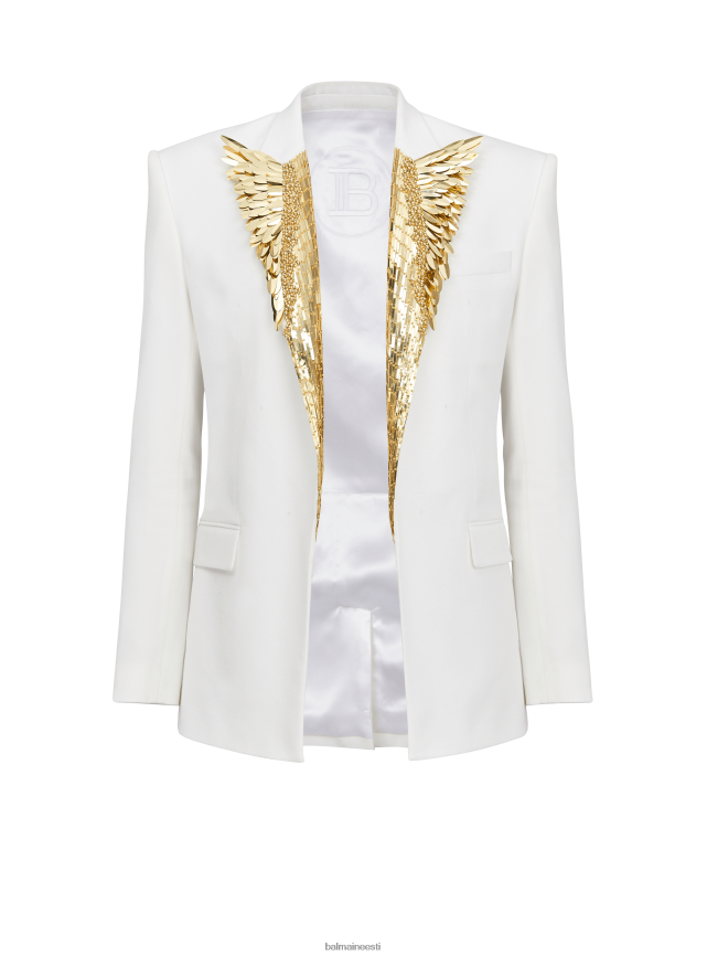 ee Balmain Riietus mehed kuldsete sulgedega tikitud bleiser valge LJ80021003