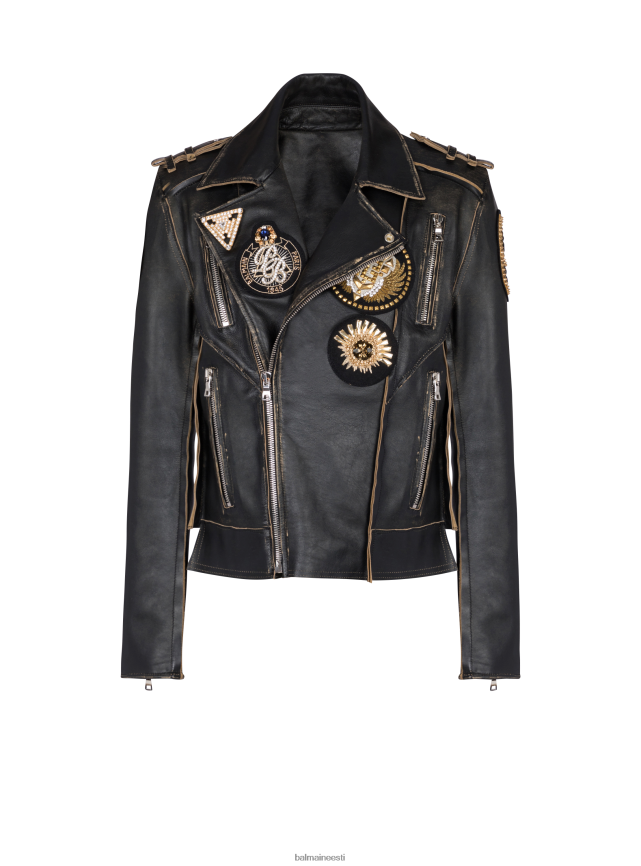 ee Balmain Riietus mehed tikitud rinnamärkidega nahkjakk must LJ80021030