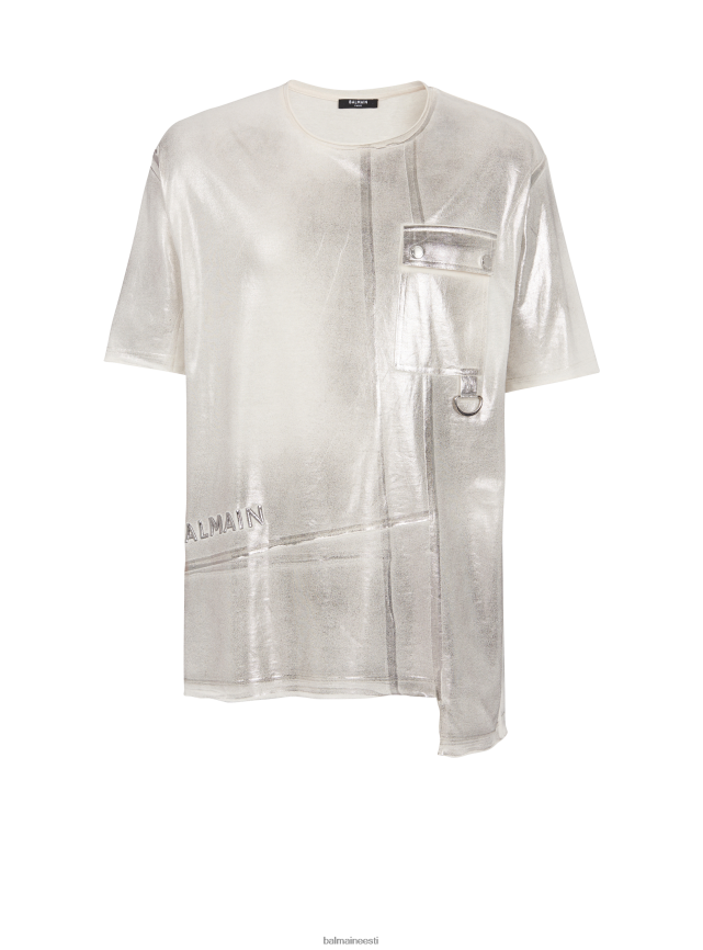 ee Balmain Riietus mehed asümmeetriline öko-vastutustundlik puuvillane t-särk brändi logoga volditrükiga hall LJ8002873