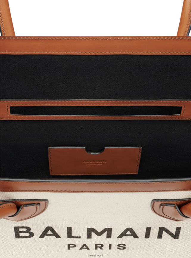 ee Balmain tarvikud naised ecru canvas b-army 42 kandekott pruunide nahkpaneelidega beež LJ8002577