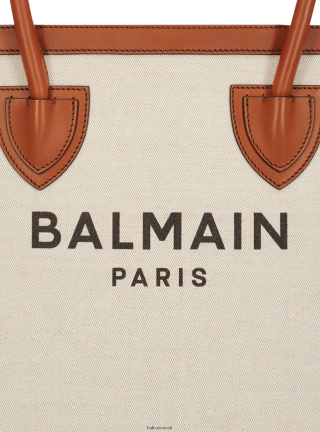 ee Balmain tarvikud naised ecru canvas b-army 42 kandekott pruunide nahkpaneelidega beež LJ8002577