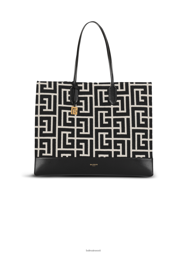 ee Balmain tarvikud naised suuremõõtmeline kahevärviline elevandiluust ja žakaarvärvist volditud ostukott must LJ8002804