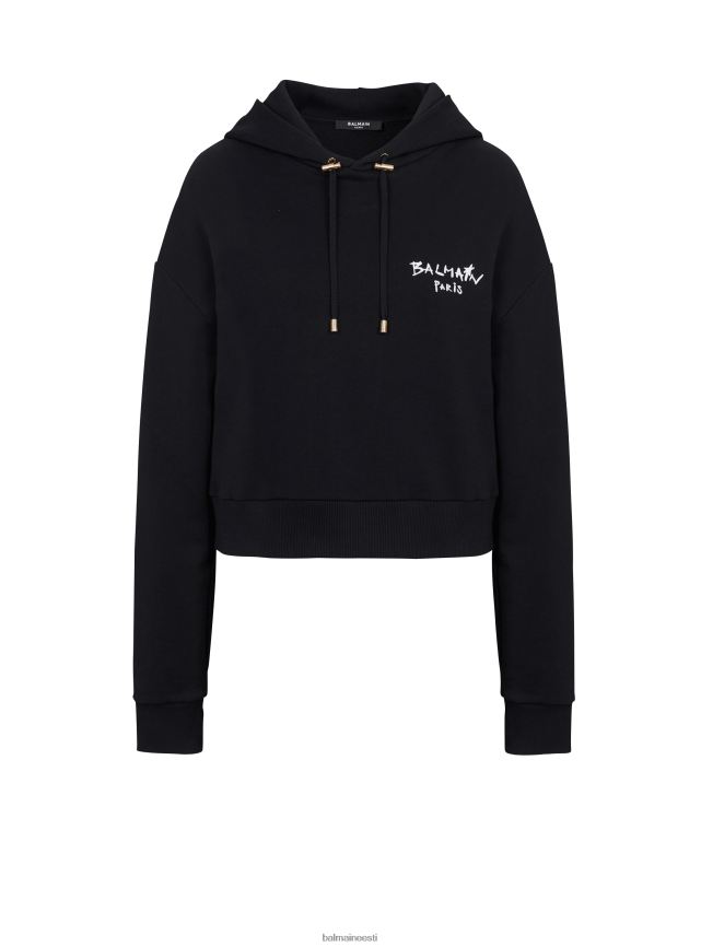 ee Balmain Riietus naised kärbitud ökodisainiga puuvillane dressipluus flokeeritud graffiti kaubamärgi logoga must LJ8002284