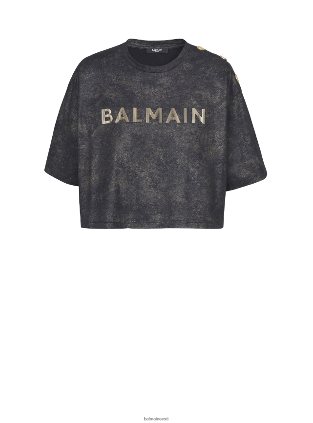 ee Balmain Riietus naised kärbitud öko-vastutustundlik puuvillane T-särk tekstuurse brändi logotrükiga must LJ8002174