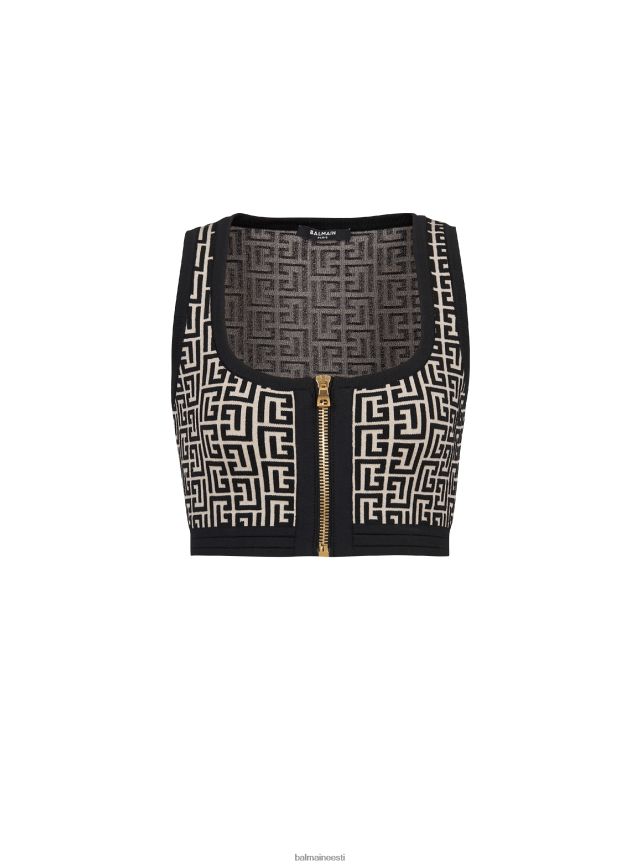 ee Balmain Riietus naised kärbitud kahevärviline kootud spordirinnahoidja topp brändi monogrammiga must LJ8002260
