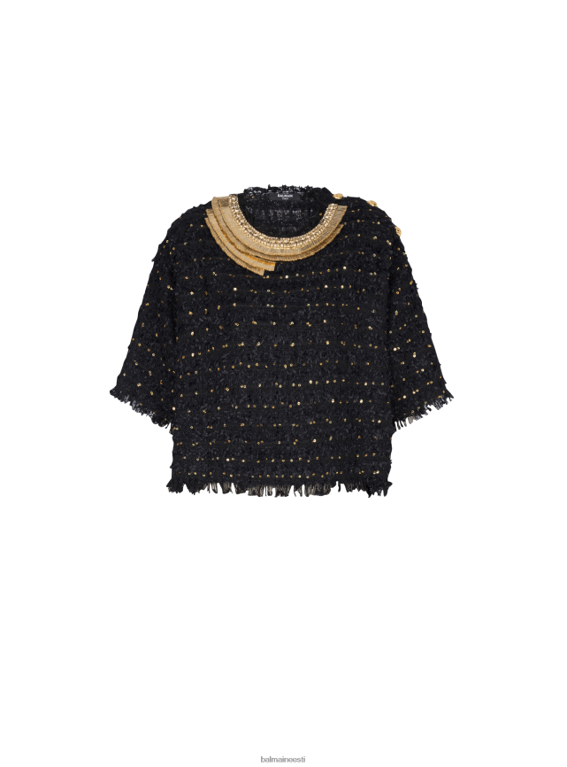 ee Balmain Riietus naised tikitud tweed crop top must LJ8002232