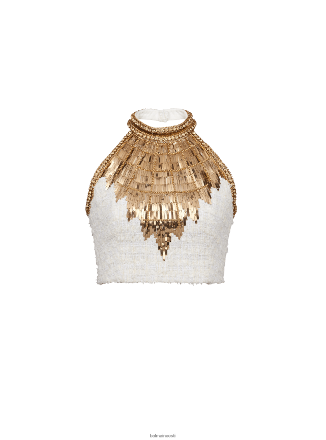 ee Balmain Riietus naised tikitud tweed crop top valge LJ8002231